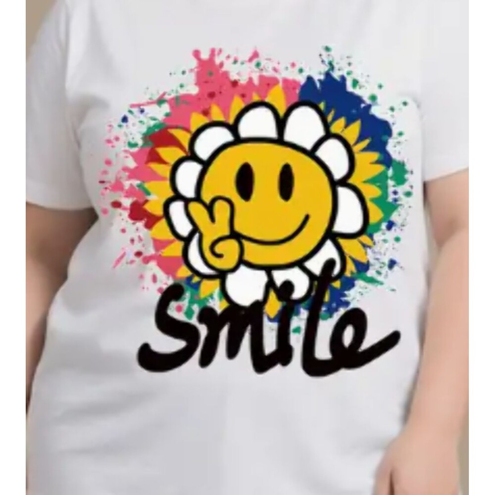 Flower Smile Face T-shirt Women's 2XL White Paint Splattered
